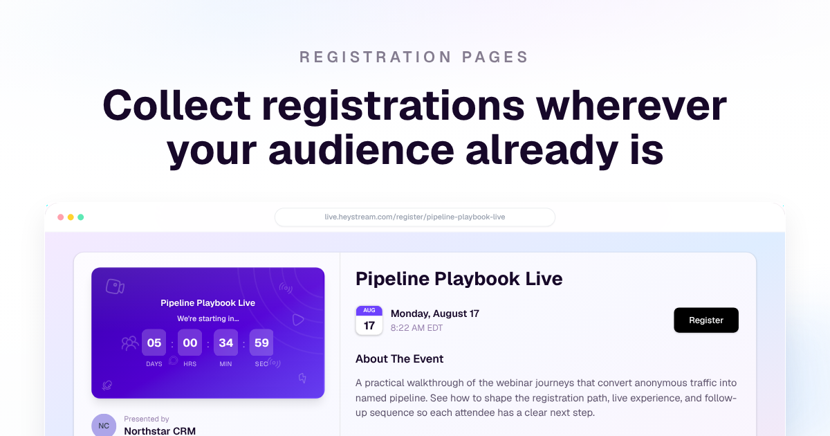 Current HeyStream hosted registration page showing the webinar promise, date, time, presenter context, and registration call to action